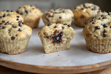 fresh banana cupcakes with chocolate chips and chocolate souffle inside, baked in silicone molds