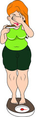 Fat woman chocolate food in hand standing on a weighting scale getting shammed covered eyes do not want to see weight gain