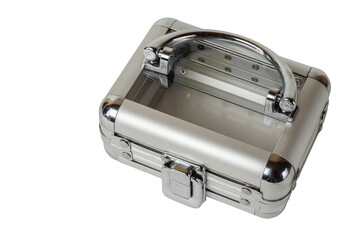 A small transparent glass and metal closed suitcase on a white background.