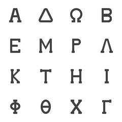 Greek symbols vector icons set, modern solid symbol collection, filled style pictogram pack. Signs, logo illustration. Set includes icons as alphabet letters Alpha, Delta, Omega, Beta, Epsilon, Lambda