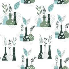 Seamless botany pattern. Abstract art print. Neutral modern graphics, simple shapes & foliage. Hand drawn illustration.
