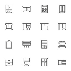Room interior furniture line icons set, outline vector symbol collection, linear style pictogram pack. Signs, logo illustration. Set includes icons as cupboard, table with drawers, desk, sofa, lamp