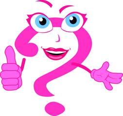 funny female question mark character girl lady woman cartoon giving thumbs up presenting your success
