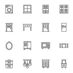 Household furniture line icons set, outline vector symbol collection, linear style pictogram pack. Signs, logo illustration. Set includes icons as kitchen furniture, microwave stove, fridge, table