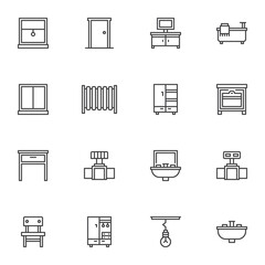 Bathroom furniture line icons set, outline vector symbol collection, linear style pictogram pack. Signs, logo illustration. Set includes icons as water tap, bathtub, sink, lamp, door, window, table