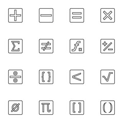 Calculator symbols line icons set, math outline vector symbol collection, linear style pictogram pack. Signs, logo illustration. Set includes icons as addition, subtraction, multiplication, division