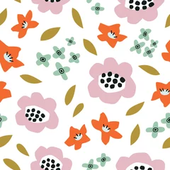 Fototapeten Abstract flowers and leaves isolated on a white background. Drawn by hand vector seamless pattern. Floral pattern. Stylized flowers in doodle style. Flat design for textile, wrapping paper, wallpaper. © kindbird