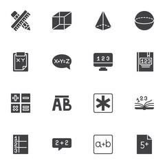 Math and algebra vector icons set, modern solid symbol collection, filled style pictogram pack. Signs, logo illustration. Set includes icons as geometric shapes, formula, arithmetic, pen and ruler