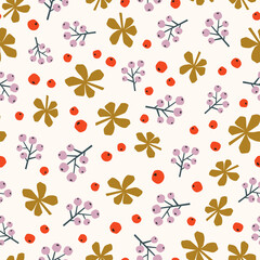 Fototapeta premium Stylized leaves and branch of berries isolated on light pink background. Drawn by hand vector seamless pattern. Floral pattern in doodle style. Flat design for textile, wrapping paper, wallpaper.
