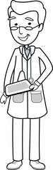 Hand drawn black and white illustration of a Doctor standing with a tablet in hand stethoscope glasses lab coat smiling