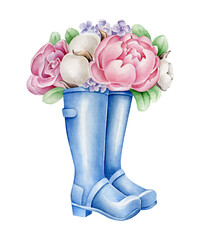 Flowers in boots. Watercolor painting on a white background. Fashion spring illustration of blue rubber boots with rose, peony and cotton flowers for design.