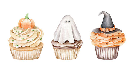 Hand drawn watercolor set of cupcakes dedicated to Halloween 