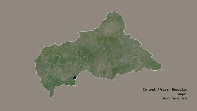 Mbomou, prefecture of Central African Republic, with its capital, localized, outlined and zoomed with informative overlays on a satellite map in the Stereographic projection. Animation 3D