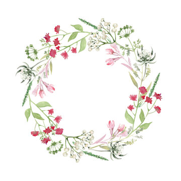 Hand drawn watercolor wreath with meadow flowers and herbs isolated on white background.Can be used for greeting card, wedding invitation