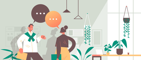 businesspeople discussing business strategy during meeting chat bubble communication teamwork concept modern office interior horizontal portrait vector illustration