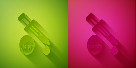 Paper cut Sword with blood icon isolated on green and pink background. Medieval weapons knight and soldier. Symbol of murder. Paper art style. Vector.