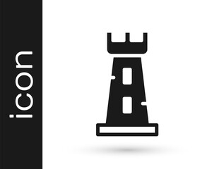 Black Castle tower icon isolated on white background. Fortress sign. Vector.