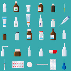 Pharmacy medical set bottles, jars, tubes, sprays droppers with caps