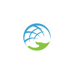 Logo template of globe and hand. Simple flat style. Vector logo template ready for use.