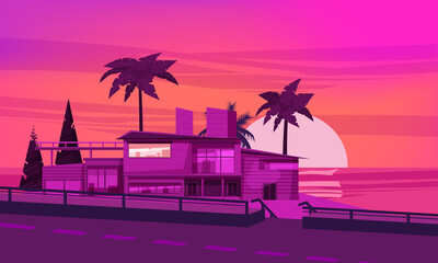 Obraz premium Sea shore sunset beach luxury cottage villa house for rest with palms and plants, sea, ocean