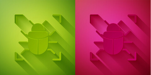 Paper cut System bug concept icon isolated on green and pink background. Code bug concept. Bug in the system. Bug searching. Paper art style. Vector.