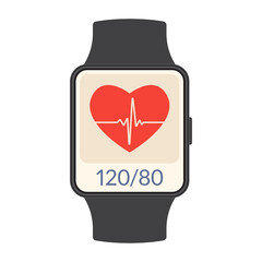Smart watch with heartbeat rate or pulse tracker app and blood pressure monitor. Fitness application deign for smartwatch. Health care check with Heart beat line and Pulse trace. Vector illustration.