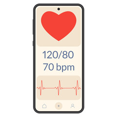 Smart phone with heartbeat or pulse tracker app and blood pressure monitor. Fitness application deign for smartphone. Health care check app with Heart beat line and Pulse trace. Vector illustration.