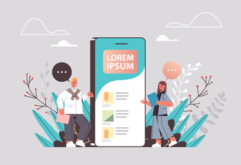 businesspeople presenting report on smartphone screen chat bubble communication teamwork presentation concept horizontal full length vector illustration