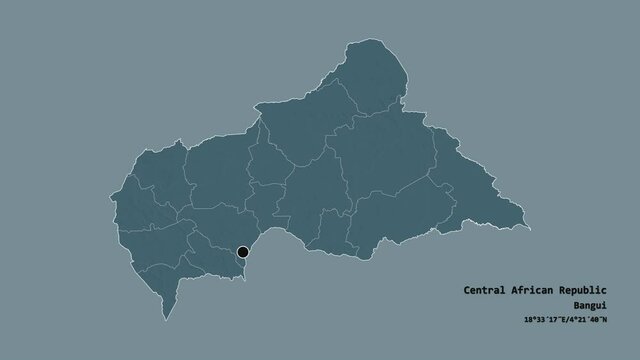 Ouaka, prefecture of Central African Republic, with its capital, localized, outlined and zoomed with informative overlays on a administrative map in the Stereographic projection. Animation 3D
