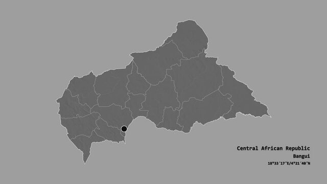 Ouaka, prefecture of Central African Republic, with its capital, localized, outlined and zoomed with informative overlays on a bilevel map in the Stereographic projection. Animation 3D