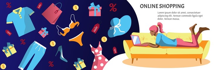 Woman with laptop on the sofa shopping online. Clothes store, delivery, online shopping concept. Vector illustration. 