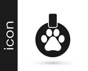 Grey Collar with name tag icon isolated on white background. Supplies for domestic animal. Dog or cat paw print. Cat and dog care. Pet chains. Vector.