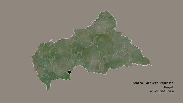 Ouaka, prefecture of Central African Republic, with its capital, localized, outlined and zoomed with informative overlays on a satellite map in the Stereographic projection. Animation 3D
