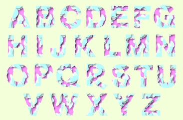 Papercut font alphabet. English typeset color layered letters. 3D decorative papercraft lettering. 