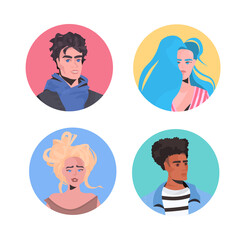 set mix race people profile avatars beautiful man woman faces male female cartoon characters collection portrait vector illustration