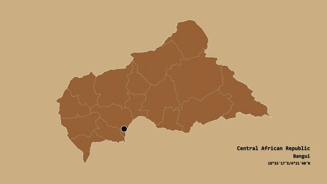 Ouham-Pend&eacute;, prefecture of Central African Republic, with its capital, localized, outlined and zoomed with informative overlays on a solid patterned map in the Stereographic projection. Animation 3D