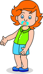 Little girl kid pacifier in her mouth standing