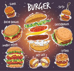 Hand drawn vector burger collection.