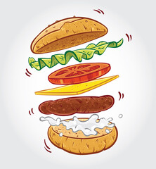 Hand drawn vector illustration of bouncing burger layers.