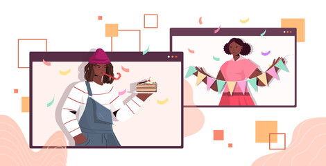 man woman in festive hats celebrating online birthday party african american couple in computer windows having fun celebration self isolation virtual meeting concept portrait horizontal vector