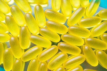 vitamins and medications, vitamin capsules. Close-up, selective focus, background of dosage forms