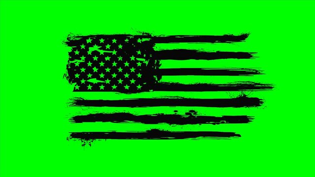 USA  flag  2 D animated on green background. Distressed american flag with splash elements,  patriot flag, military flag, American Flag Banner. 