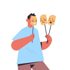 man holding masks with different emotions fake feeling depression mental disorder changing natural personality concept portrait vector illustration