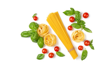 Cherry tomatoes, spaghetti and basil leaves on a white isolated background. Ingredients for pasta. Flat lay. Copy space.