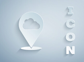 Paper cut Location cloud icon isolated on grey background. Paper art style. Vector.