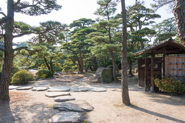 Hiunkaku Villa at Takamatsu Castle (Tamamo Park) in Takamatsu, Kagawa, Japan. The Castle originally built in 1590 and part of Japan's Top 100 Castles.