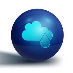 Blue Cloud with rain icon isolated on white background. Rain cloud precipitation with rain drops. Blue circle button. Vector.