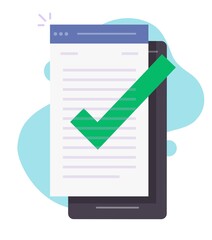 Approved and confirmed document file check online on mobile phone or quality control of text writing and creating icon flat cartoon, concept of digital accepted or certified license paper form