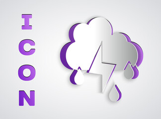 Paper cut Cloud with rain and lightning icon isolated on grey background. Rain cloud precipitation with rain drops.Weather icon of storm. Paper art style. Vector.