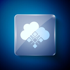 White Cloud with snow icon isolated on blue background. Cloud with snowflakes. Single weather icon. Snowing sign. Square glass panels. Vector.
